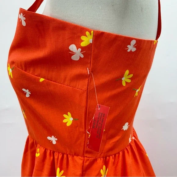 NEW Vintage 80s 18 Midi dress Orange Floral 0947 A-line fit and flare butterfly - Picture 7 of 14